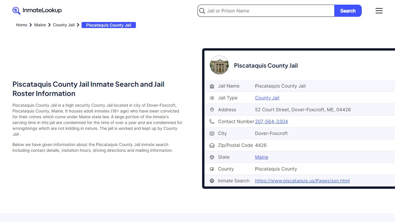 Piscataquis County Jail Inmate Search and Jail Roster Information